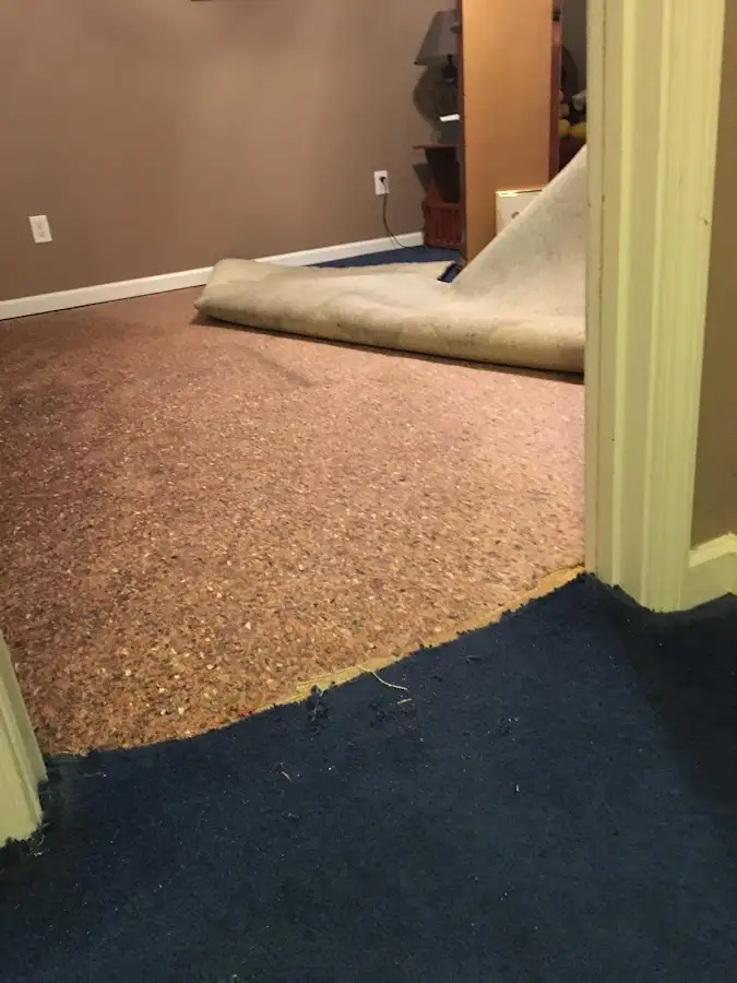 Carpet pad removal revealing water damage during Water Mitigation Services in Medina